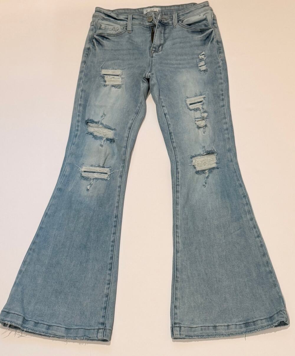 Bailey Blue Women's Flare Jeans Light Wash Distressed Ripped Y2K Size 7